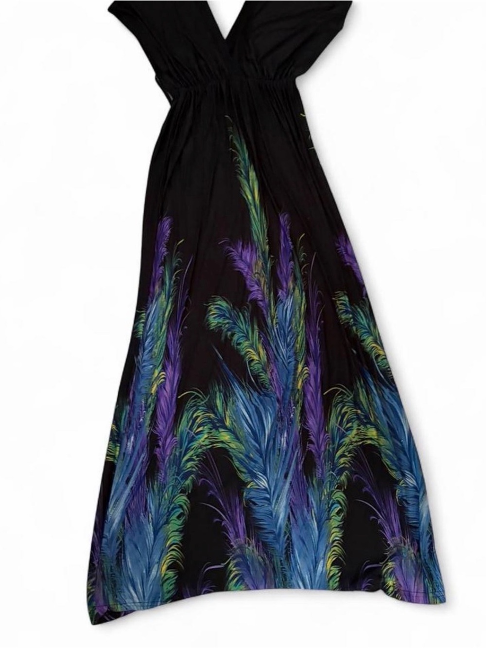 YOINS Black Maxi Skirt with Blue, Purple and Green Feather Print
